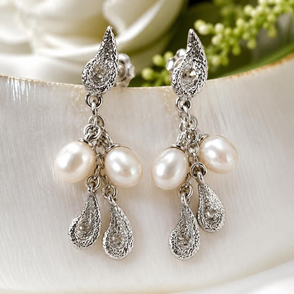 Genuine Pearl & White Topaz Sterling Silver Dangle Earrings Vintage Freshwater